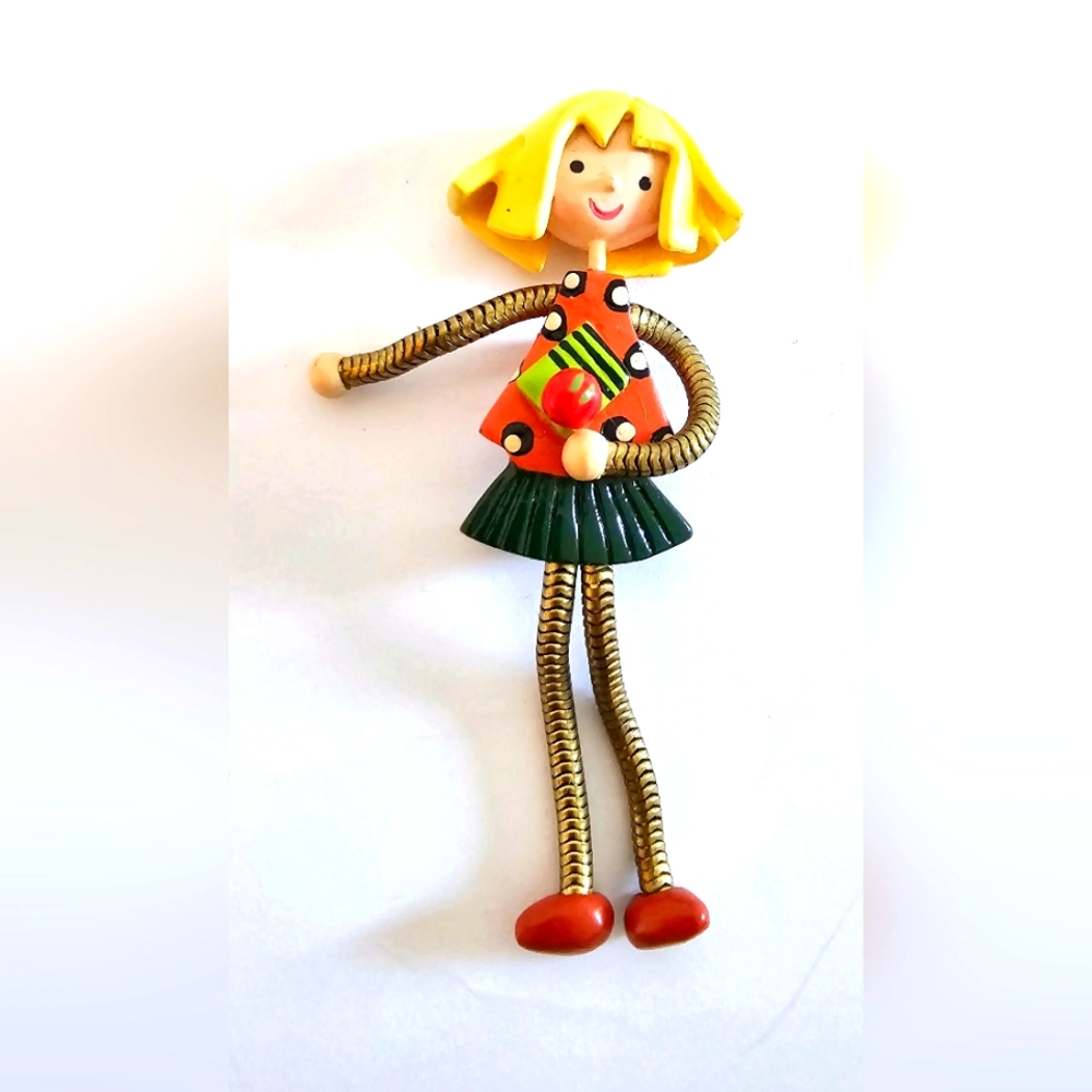 Quirky Little blonde girl figural brooch lollipop articulate artist Sign vintage